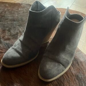 Gray suede stacked heel open back almond toe stacked heel Dolce Vita booties